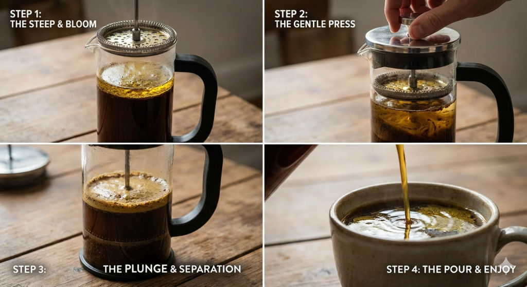 Brewing hemp coffee in a French Press to preserve healthy fats.