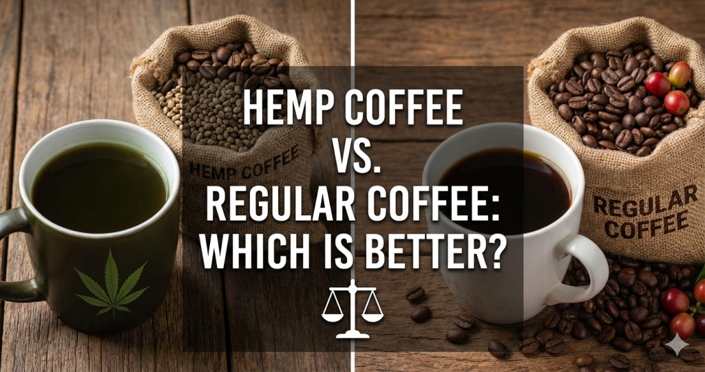 A split-screen photograph serving as a featured image for a blog post, comparing "Hemp Coffee" on the left and "Regular Coffee" on the right.