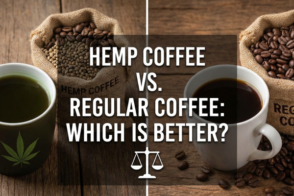 A split-screen photograph serving as a featured image for a blog post, comparing "Hemp Coffee" on the left and "Regular Coffee" on the right.
