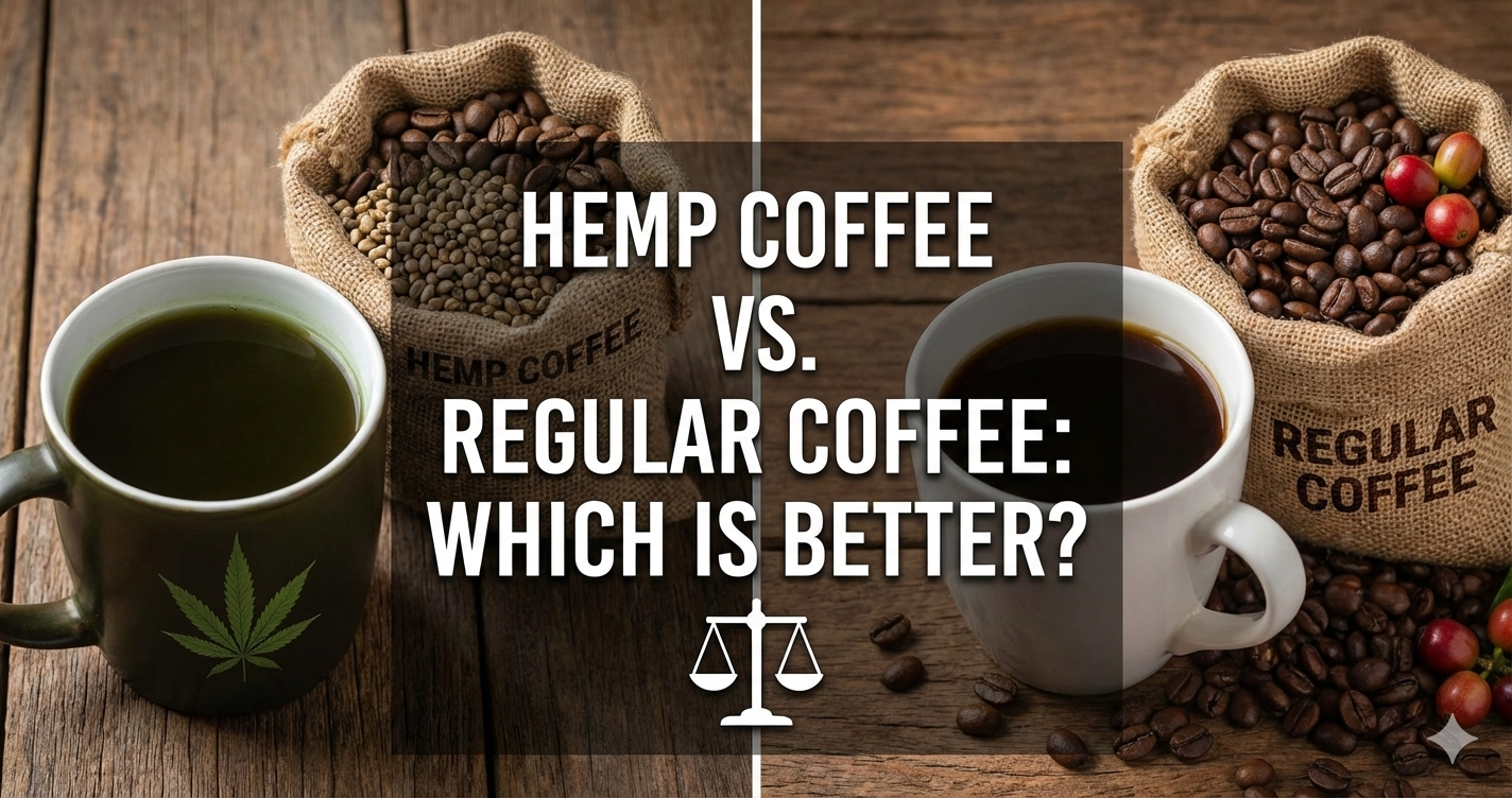 A split-screen photograph serving as a featured image for a blog post, comparing "Hemp Coffee" on the left and "Regular Coffee" on the right.