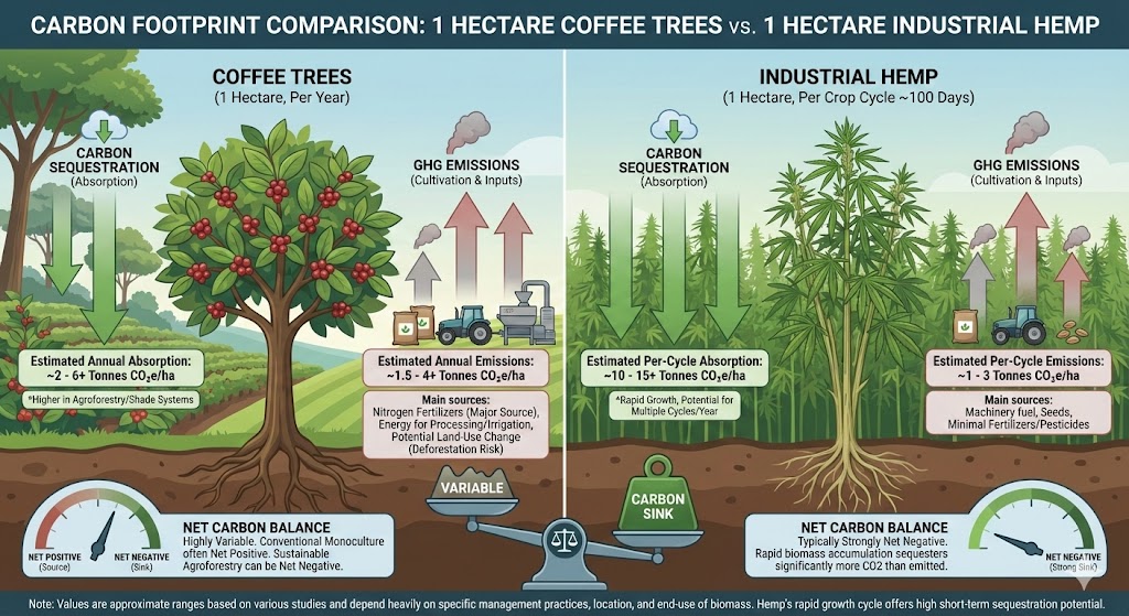 Carbon sequestration infographic comparing coffee vs hemp.
